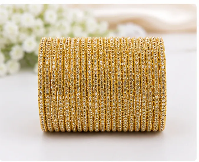 24 Pcs Gold Glitter Bangles Set for Women | Designer Traditional Chudi - Image 8