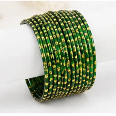 24 Pcs Green Gold Traditional Bangles Set for Women with Golden Glitter Designer Chudi Collection