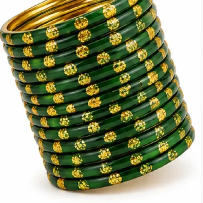 24 Pcs Green Stone Dot Bangles Set for Women with Golden Stone Design Traditional Indian Fashion Jewellery.,