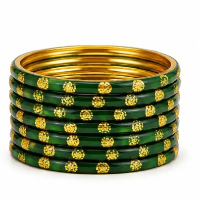 24 Pcs Green Stone Dot Bangles Set for Women with Golden Stone Design Traditional Indian Fashion Jewellery