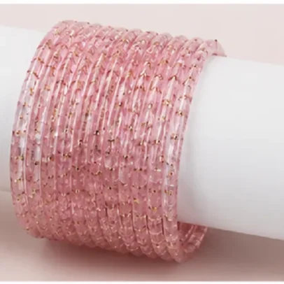 24 Pcs Light Pink Glitter Bangles Set for Women Traditional Indian Chudi Set with Golden Sparkle Design
