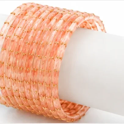 24 Pcs Peach Designer Bangles Set for Women with Golden Stone Work Traditional Indian Chudi Set
