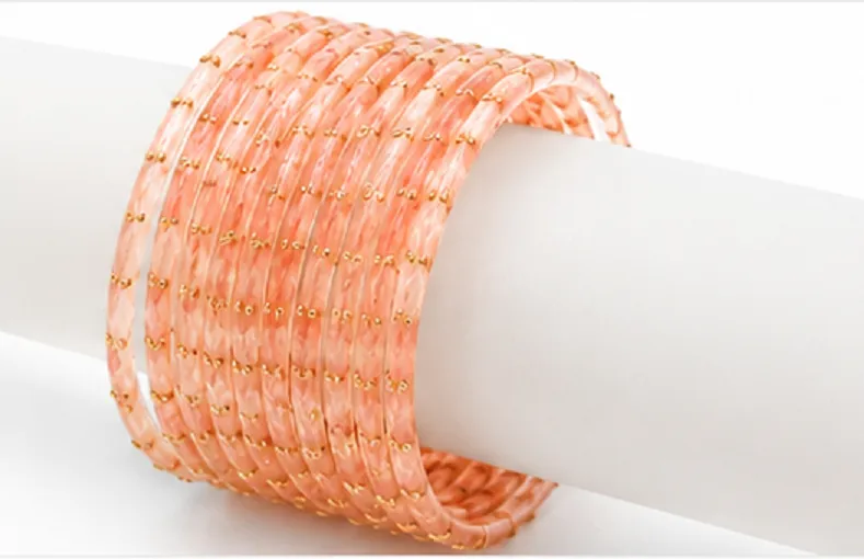 24 Pcs Peach Designer Bangles Set for Women with Golden Stone Work Traditional Indian Chudi Set