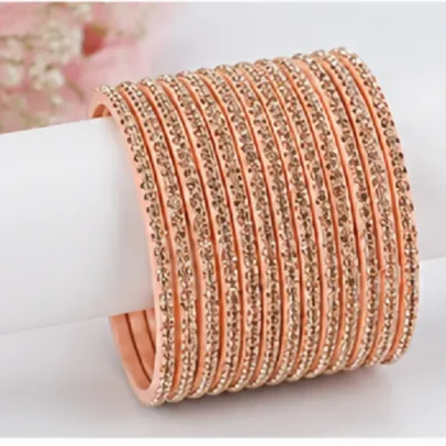 24 Pcs Peach Stone Designer Bangles Set for Women with Crystal Work Traditional Indian Chudi Set