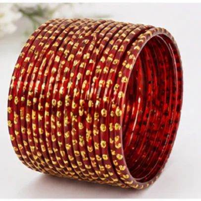 24 Pcs Red Gold Traditional Bangles Set for Women with Golden Glitter Designer Chudi Collection