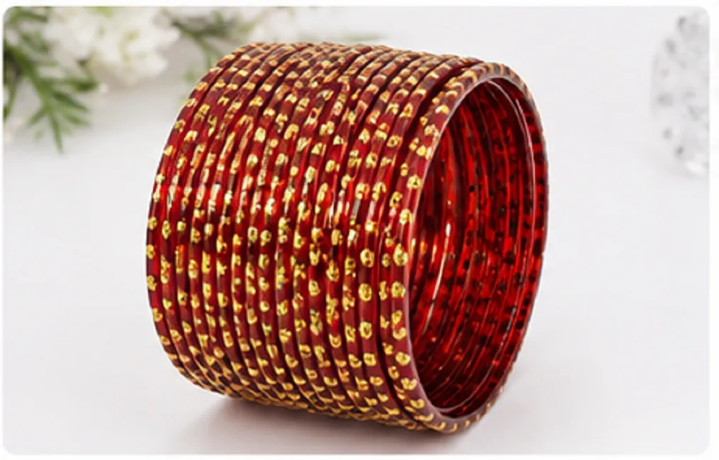 24 Pcs Red Gold Traditional Bangles Set for Women with Golden Glitter Designer Chudi Collection