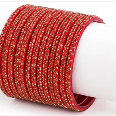 24 Pcs Red Stone Designer Bangles Set for Women with Golden Crystal Work Traditional Indian Chudi Set