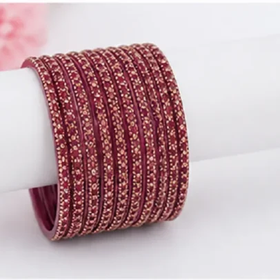 24 Pcs Wine Purple Glitter Bangles Set for Women with Golden Sparkle Traditional Designer Chudi Set