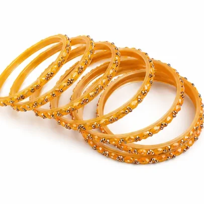 24 Pcs Yellow Golden Designer Bangles Set for Women with Stone Work Traditional Indian Chudi Set.