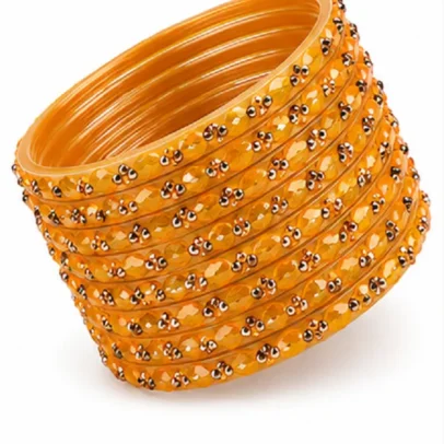 24 Pcs Yellow Golden Designer Bangles Set for Women with Stone Work Traditional Indian Chudi Set