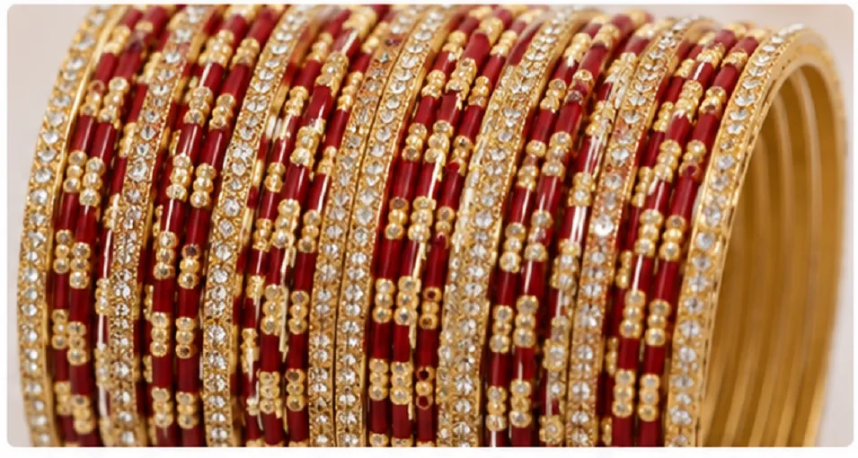 34 Pcs Maroon Gold Bridal Bangles Set for Women | Traditional Chudi Set - Image 2