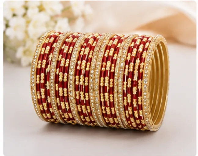 34 Pcs Maroon Gold Bridal Bangles Set for Women | Traditional Chudi Set - Image 7