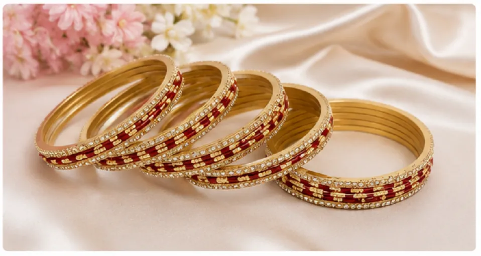 34 Pcs Maroon Gold Bridal Bangles Set for Women | Traditional Chudi Set - Image 3