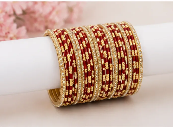 34 Pcs Maroon Gold Bridal Bangles Set for Women | Traditional Chudi Set - Image 5