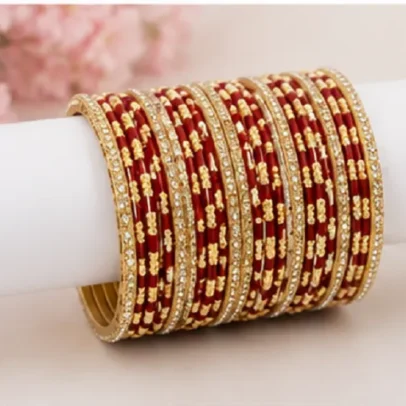 34 Pcs Maroon Gold Traditional Bangles Set for Women with Designer Golden Stone Work Bridal Chudi Collection