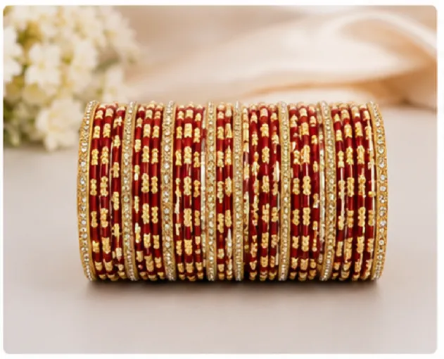 34 Pcs Maroon Gold Bridal Bangles Set for Women | Traditional Chudi Set - Image 8