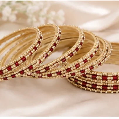34 Pcs Maroon Gold Traditional Bangles Set for Women with Designer Golden Stone Work Bridal Chudi Collection..,
