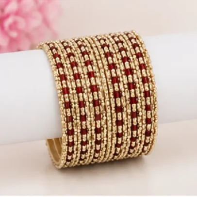 34 Pcs Maroon Gold Traditional Bangles Set for Women with Designer Golden Stone Work Bridal Chudi Collection