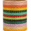 50 Pcs Multicolor Silk Thread Bangles Set for Women Traditional Indian Chudi Collection with Golden Glitter Work