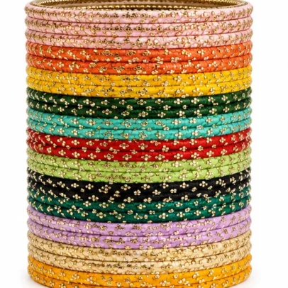 50 Pcs Multicolor Silk Thread Bangles Set for Women Traditional Indian Chudi Collection with Golden Glitter Work