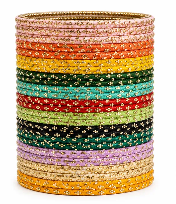 50 Pcs Multicolor Silk Thread Bangles Set for Women Traditional Indian Chudi Collection with Golden Glitter Work