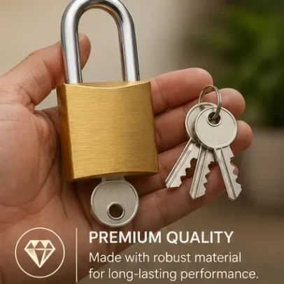 50mm heavy duty brass padlock with hardened steel shackle and 3 security keys for home and commercial use.