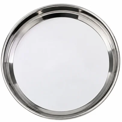 Stainless steel round serving tray pack of 5 with mirror finish for serving food snacks tea and meals.