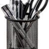 Black metal mesh pen stand holder with pens pencils and scissors for office desk