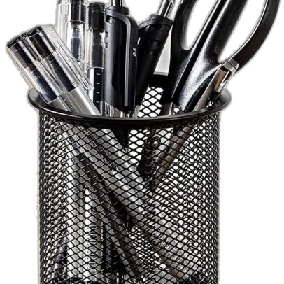 Black metal mesh pen stand holder with pens pencils and scissors for office desk