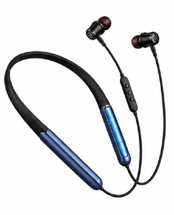 Bluetooth neckband wireless earphones with microphone, magnetic earbuds and deep bass stereo sound.