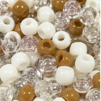 Brown white and crystal plastic pony beads for jewellery making, bracelets, necklaces and DIY craft projects.