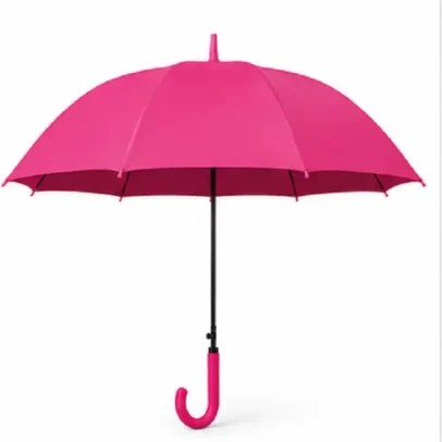 Classic pink stick umbrella with waterproof canopy and curved handle for rain protection and outdoor use.