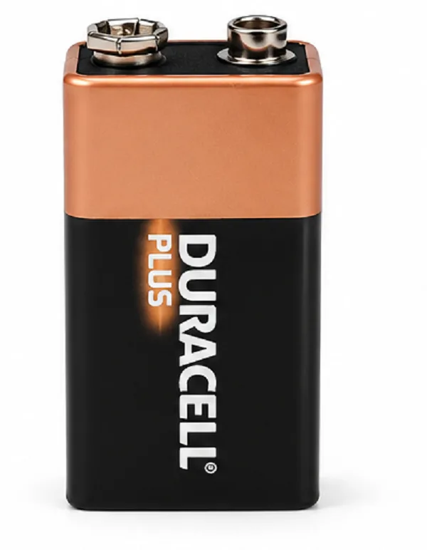 Duracell Plus 9V alkaline battery for electronics smoke alarms toys microphones and household devices.