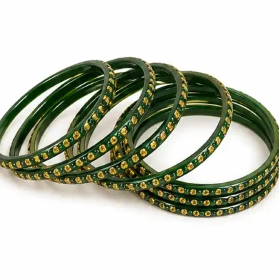 Green stone bangles set of 24 with golden crystal detailing for women and girls traditional jewellery.