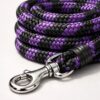 Purple and black braided dog leash with heavy-duty rope construction and metal snap hook for pet walking and training.