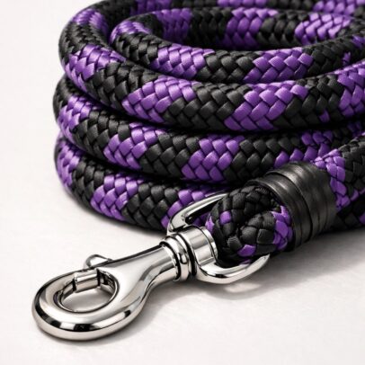 Purple and black braided dog leash with heavy-duty rope construction and metal snap hook for pet walking and training.