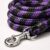 Purple and black braided dog leash with heavy-duty rope construction and metal snap hook for pet walking and training.