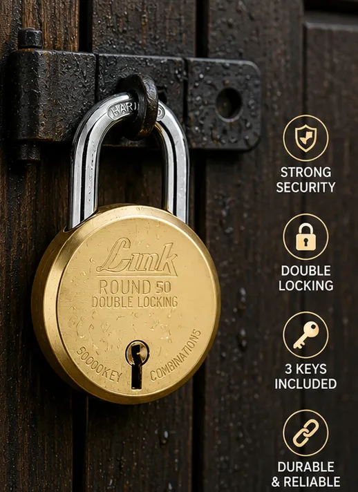 Link Round 50mm Double Lock Brass Padlock with 3 Keys | Heavy Duty Security Lock - Image 4