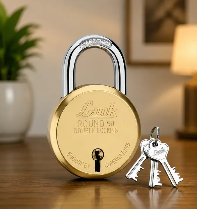 Link Round 50mm Double Lock Brass Padlock with 3 Keys | Heavy Duty Security Lock - Image 6