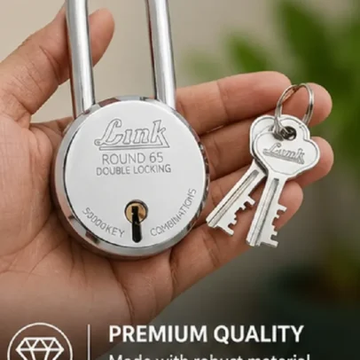 Link Round 65mm double lock steel padlock with 3 security keys for gates, shutters and doors.