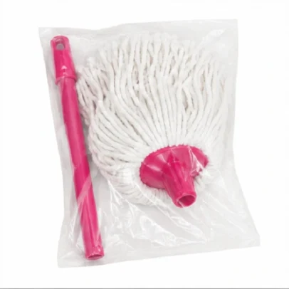 Microfiber cotton floor mop with long pink handle and absorbent white mop head for home cleaning.,