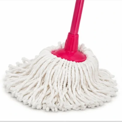 Microfiber cotton floor mop with long pink handle and absorbent white mop head for home cleaning.