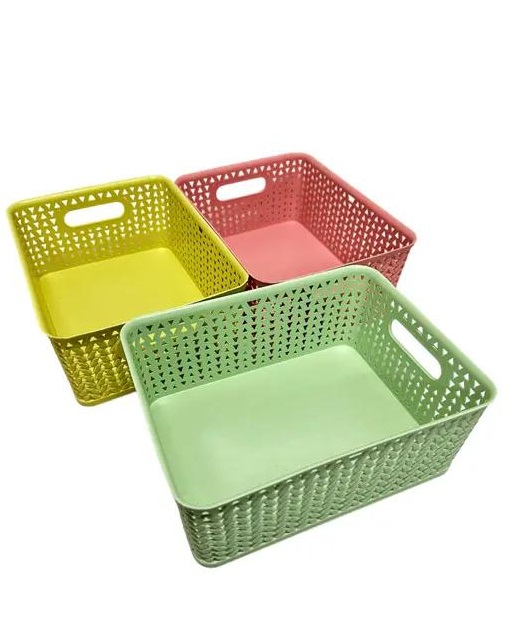 Multicolor perforated plastic storage basket with handles