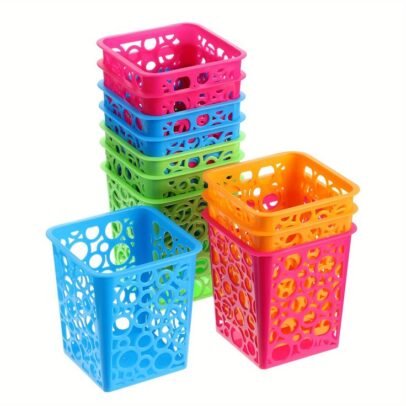 Multicolor plastic pen holder organizer basket for storing pens pencils scissors and office stationery..,