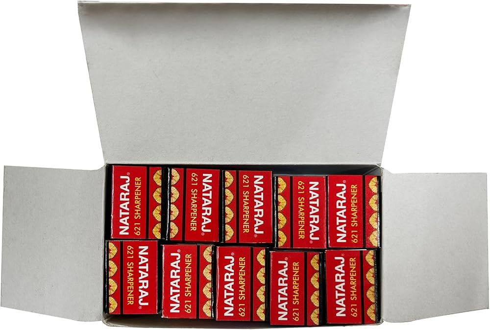 Nataraj 621 sharpeners pack of 20 colorful plastic pencil sharpeners with sharp steel blades for students and office use.