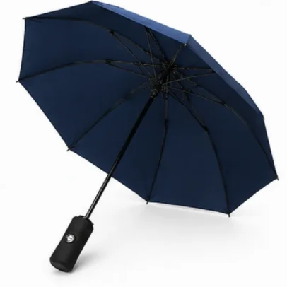 Navy blue automatic pocket umbrella with one-touch auto open close button and waterproof foldable design.