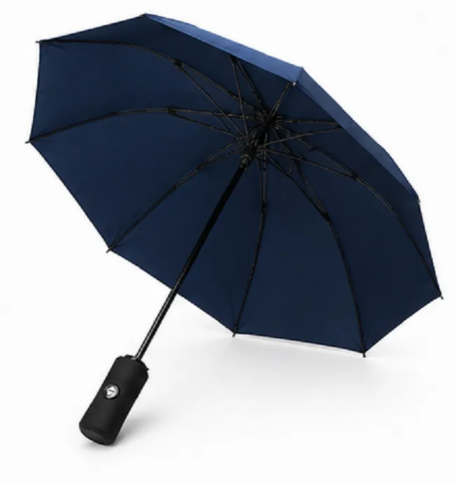 Navy blue automatic pocket umbrella with one-touch auto open close button and waterproof foldable design.