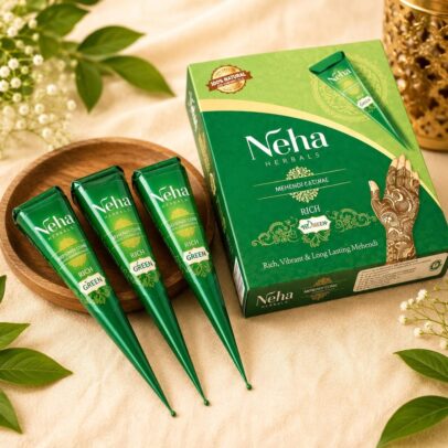 Neha Herbals Rich Green Natural Mehendi Cone Pack with ready-to-use herbal henna cones for dark and long-lasting mehendi designs.