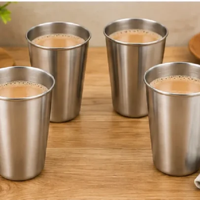 Pack of 12 stainless steel drinking glasses with brushed finish for serving water, juice, milk and beverages.,