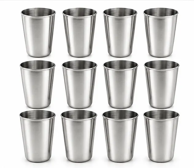 Pack of 12 stainless steel drinking glasses with brushed finish for serving water, juice, milk and beverages.